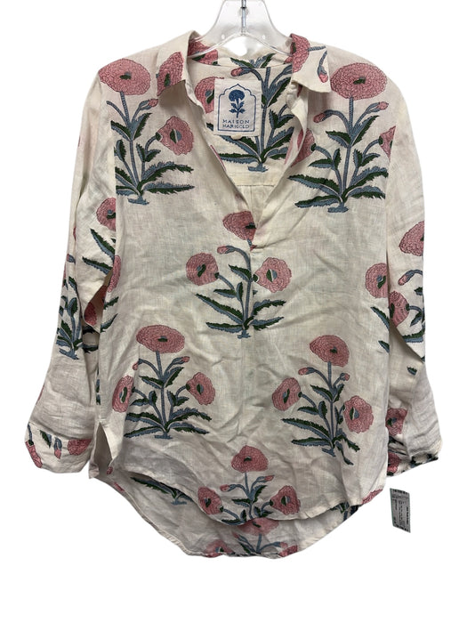 Maison Marigold Size S Cream, Blue, Pink Linen Block Printed Flowers V Neck Top Cream, Blue, Pink / S