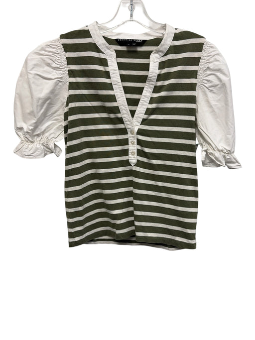 Veronica Beard Jeans Size XS White & Green Pima Cotton Stripe Quarter Button Top White & Green / XS