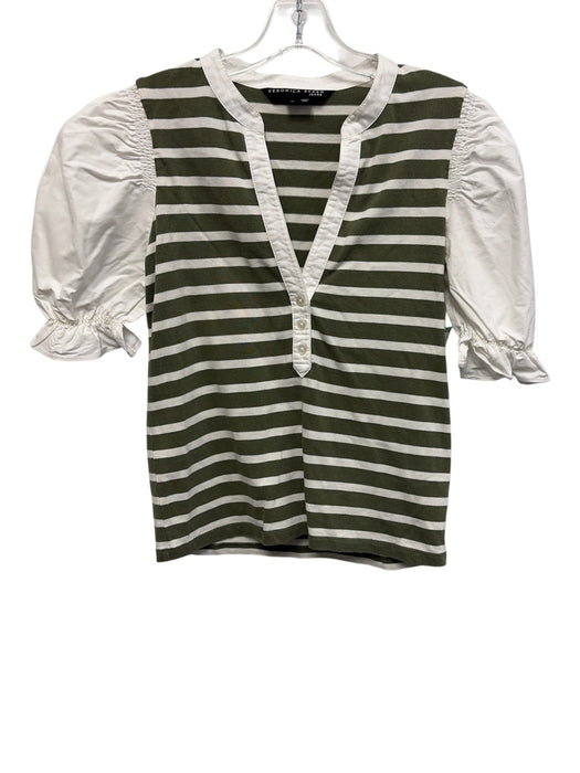 Veronica Beard Jeans Size XS White & Green Pima Cotton Stripe Quarter Button Top White & Green / XS