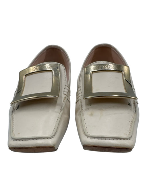 Roger Vivier Shoe Size 38.5 White & Gold Leather Buckle Square Toe Loafers White & Gold / 38.5