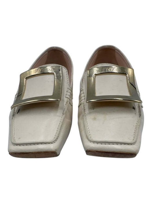 Roger Vivier Shoe Size 38.5 White & Gold Leather Buckle Square Toe Loafers White & Gold / 38.5