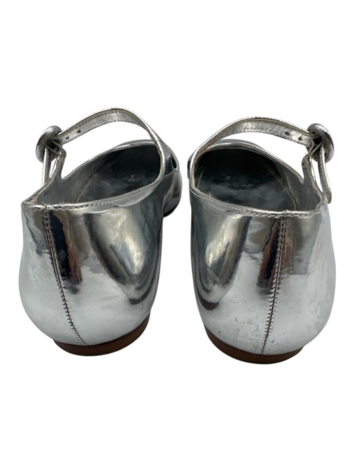 Larroude Shoe Size 8.5 Silver Leather Round Toe Metallic Mary Jane Strap Flats Silver / 8.5