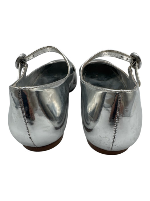 Larroude Shoe Size 8.5 Silver Leather Round Toe Metallic Mary Jane Strap Flats Silver / 8.5