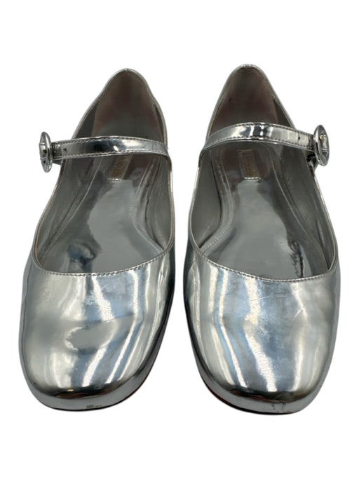 Larroude Shoe Size 8.5 Silver Leather Round Toe Metallic Mary Jane Strap Flats Silver / 8.5