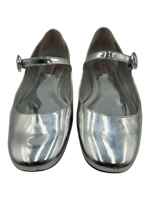 Larroude Shoe Size 8.5 Silver Leather Round Toe Metallic Mary Jane Strap Flats Silver / 8.5