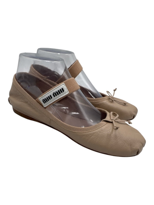 Miu Miu Shoe Size 38.5 Beige Leather Upper Elastic Strap Bow Detail Pump Flats Beige / 38.5
