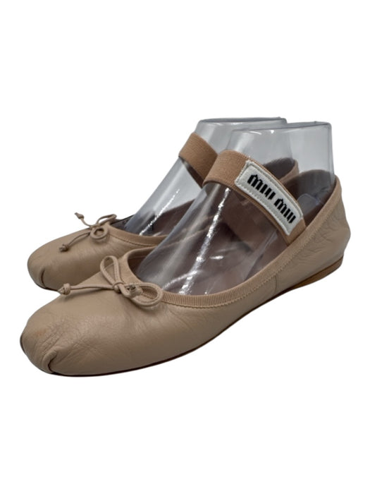 Miu Miu Shoe Size 38.5 Beige Leather Upper Elastic Strap Bow Detail Pump Flats Beige / 38.5