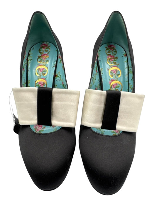 Gucci Shoe Size 38.5 Black & White Satin Upper Bow Faux Pearl Accent Pumps Black & White / 38.5
