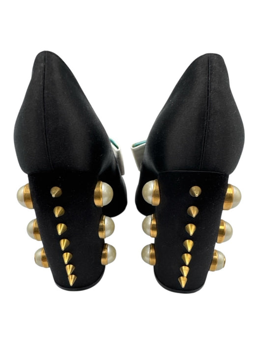 Gucci Shoe Size 38.5 Black & White Satin Upper Bow Faux Pearl Accent Pumps Black & White / 38.5