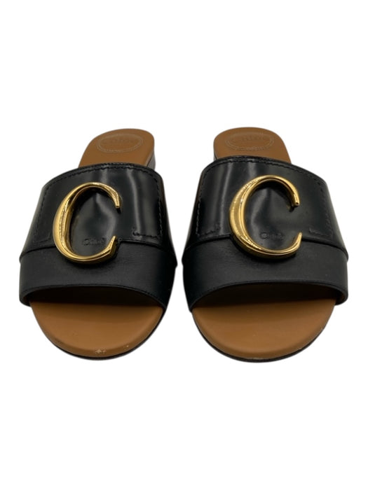 Chloe Shoe Size 38 Black & Gold Leather Peep Toe Slide Gold Logo Flat Sandals Black & Gold / 38