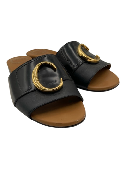Chloe Shoe Size 38 Black & Gold Leather Peep Toe Slide Gold Logo Flat Sandals Black & Gold / 38