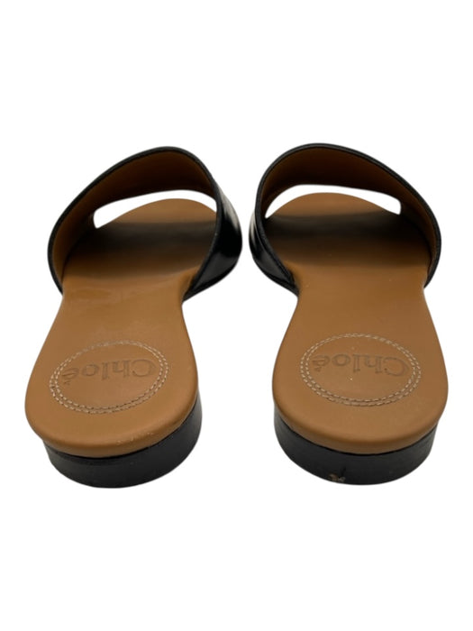 Chloe Shoe Size 38 Black & Gold Leather Peep Toe Slide Gold Logo Flat Sandals Black & Gold / 38