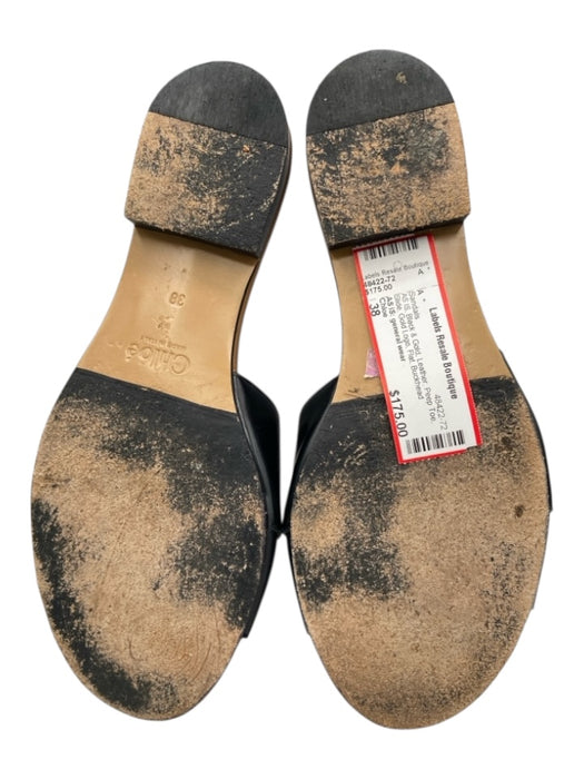 Chloe Shoe Size 38 Black & Gold Leather Peep Toe Slide Gold Logo Flat Sandals Black & Gold / 38