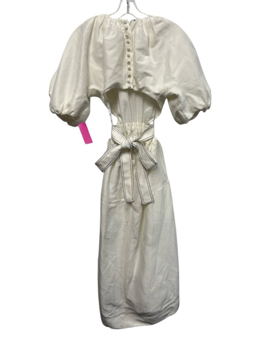Aje. Size 6 White Silk & Linen Short Puff Sleeve Open Back Tie Waist Midi Dress White / 6