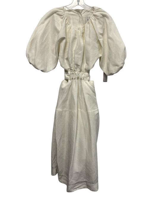 Aje. Size 6 White Silk & Linen Short Puff Sleeve Open Back Tie Waist Midi Dress White / 6