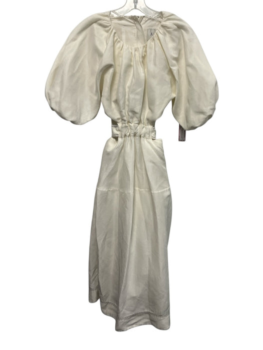 Aje. Size 6 White Silk & Linen Short Puff Sleeve Open Back Tie Waist Midi Dress White / 6