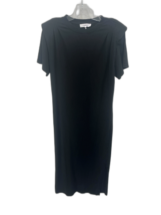 Frame Size S Black Cotton Short Sleeve Shoulder Pads Side Slit Dress Black / S