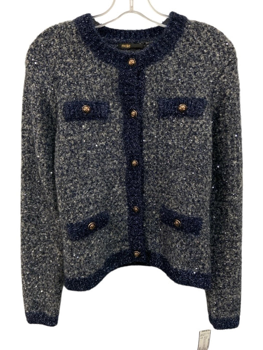 Maje Size 2 Navy Blue & Gray Polyester & Wool Blend Knit Sequin Accent Jacket Navy Blue & Gray / 2
