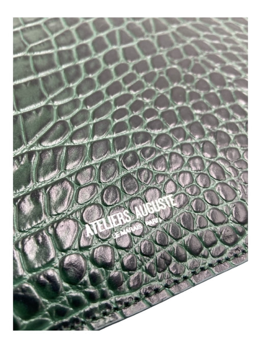 Ateliers Auguste Green Leather Croc Embossed Zip Close Clutch Green