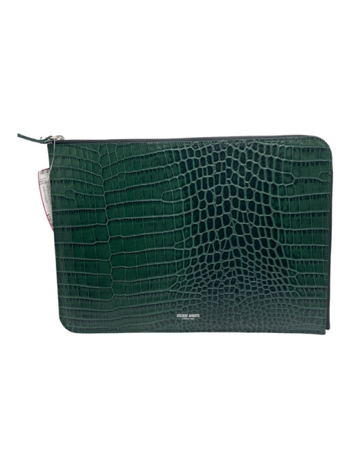 Ateliers Auguste Green Leather Croc Embossed Zip Close Clutch Green