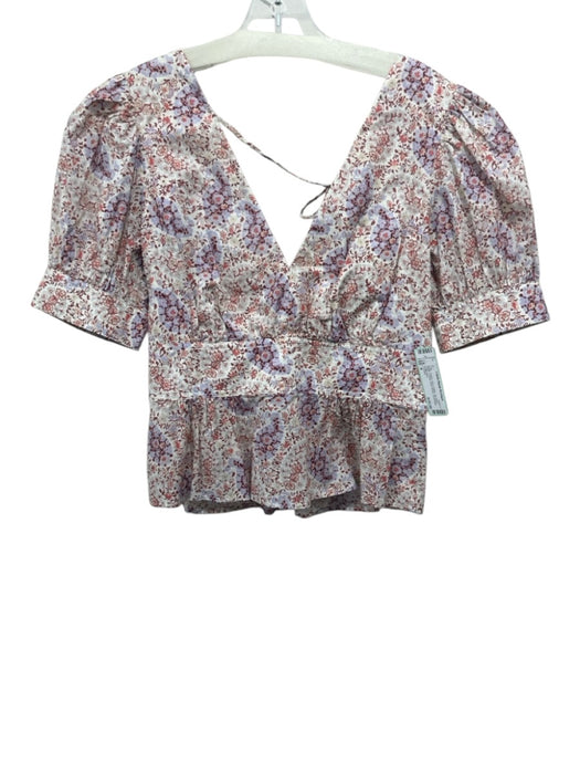 J. Crew Size 4 Beige, Purple, Red Cotton Tie Back Floral V Neck short sleeve Top Beige, Purple, Red / 4