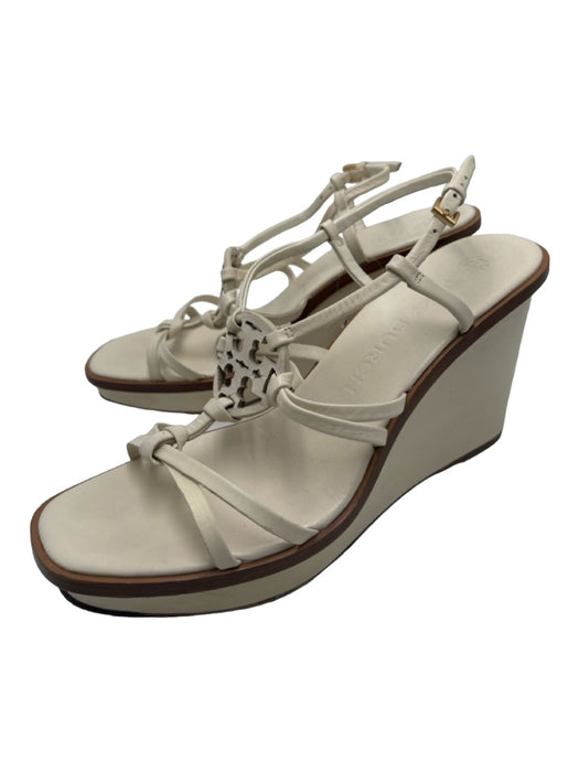 Tory Burch Shoe Size 9 White & Brown Leather open toe Ankle Strap Strappy Wedges White & Brown / 9