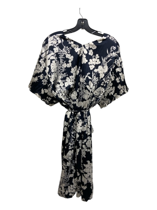 Vince Size M Navy Blue & White Polyester Floral V Neck Pleated Cap Sleeve Dress Navy Blue & White / M