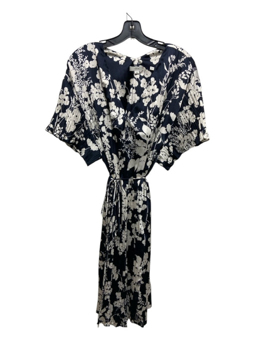 Vince Size M Navy Blue & White Polyester Floral V Neck Pleated Cap Sleeve Dress Navy Blue & White / M