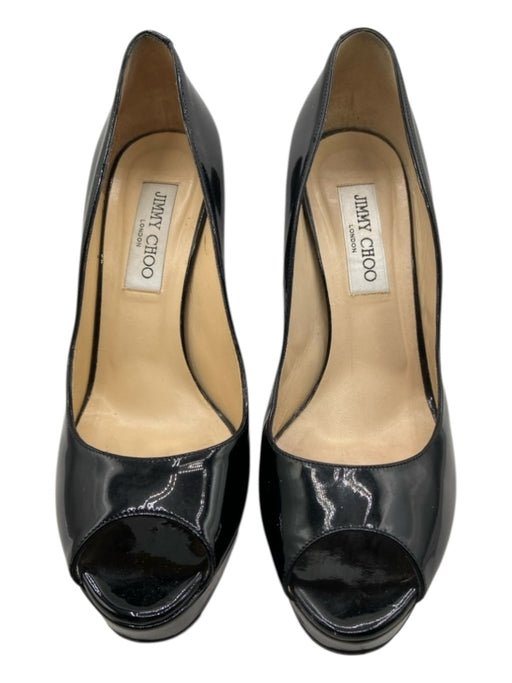 Jimmy Choo Shoe Size 38.5 Black Patent Leather Stiletto Peep Toe Platform Pumps Black / 38.5