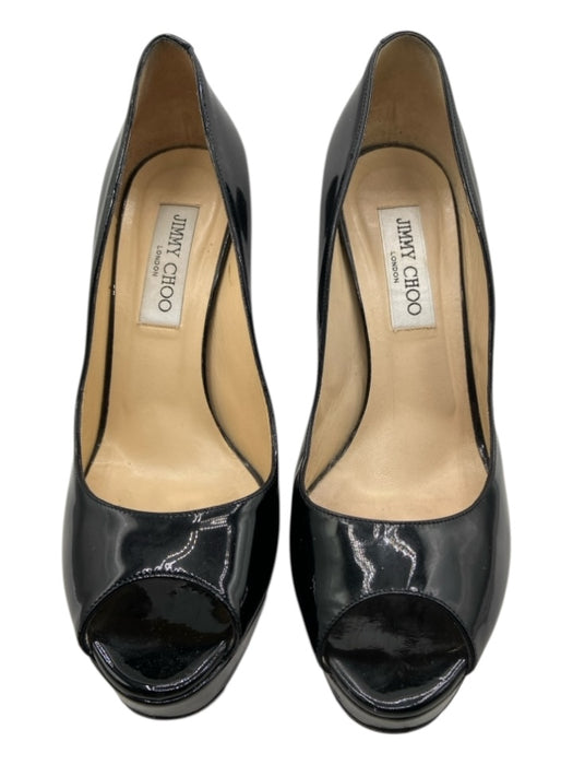 Jimmy Choo Shoe Size 38.5 Black Patent Leather Stiletto Peep Toe Platform Pumps Black / 38.5