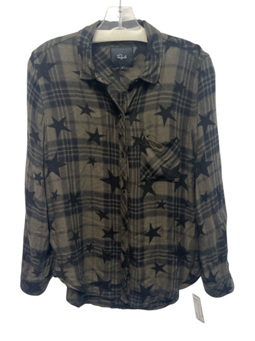 Rails Size S Dark Green & Black Rayon Plaid Star Print Button Up Long Sleeve Top Dark Green & Black / S
