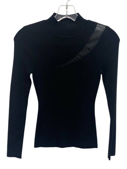 Milly Size P Black Viscose Blend Ribbed Knit Mesh Detail Mock Neck Sweater Top Black / P