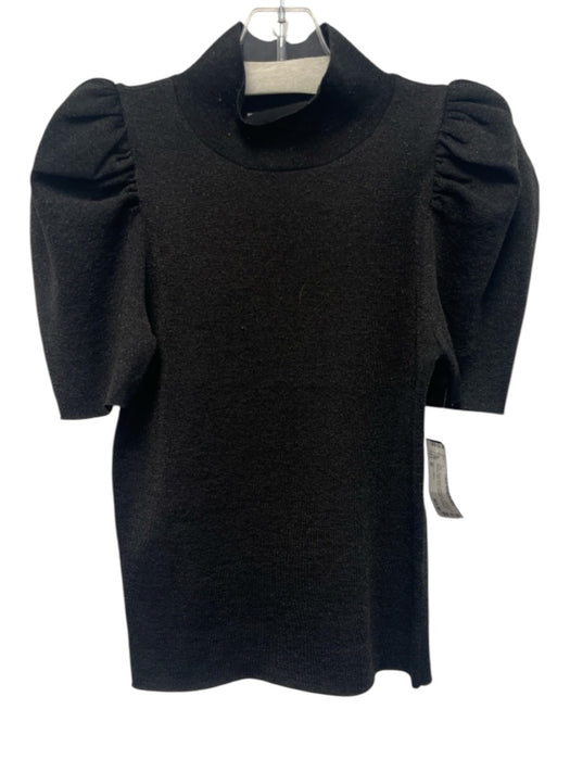 Alice + Olivia Size M Black Wool Blend Shimmer Short Puff Sleeve high neck Top Black / M