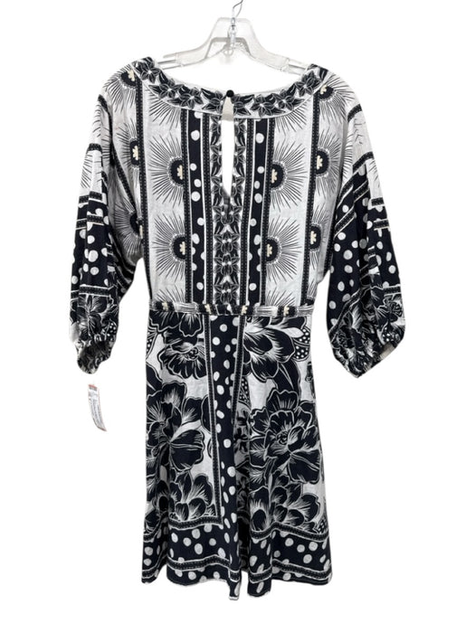Farm for Anthropologie Size S Black & White Linen Blend V Neck 3/4 Sleeve Dress Black & White / S