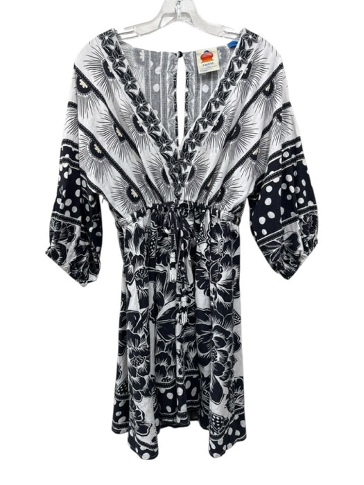 Farm for Anthropologie Size S Black & White Linen Blend V Neck 3/4 Sleeve Dress Black & White / S