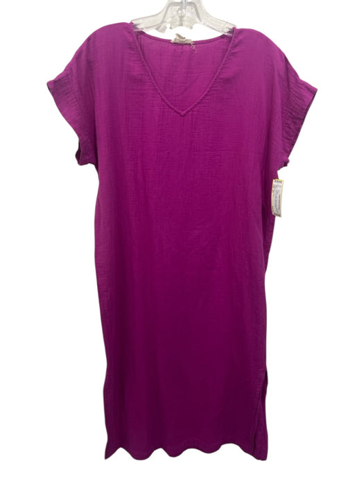 Eileen Fisher Size XS Fuchsia Cotton Gauze Short Sleeve V Neck Side Slits Dress Fuchsia / XS
