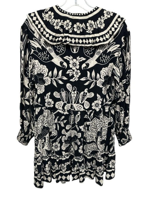 Farm Rio Size XS Black & Cream White Rayon Floral Long Balloon Sleeve Dress Black & Cream White / XS