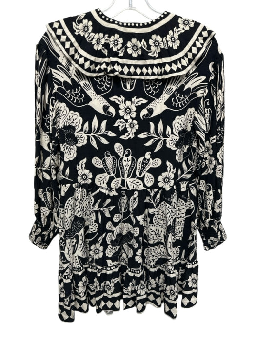 Farm Rio Size XS Black & Cream White Rayon Floral Long Balloon Sleeve Dress Black & Cream White / XS