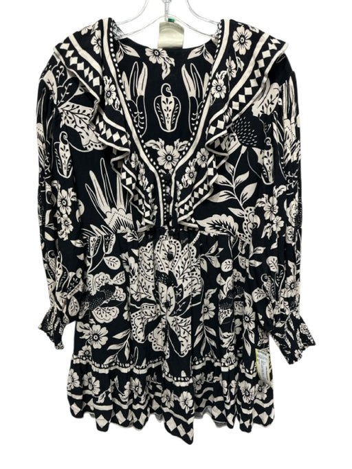 Farm Rio Size XS Black & Cream White Rayon Floral Long Balloon Sleeve Dress Black & Cream White / XS