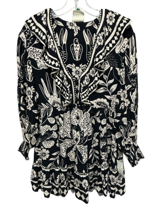 Farm Rio Size XS Black & Cream White Rayon Floral Long Balloon Sleeve Dress Black & Cream White / XS