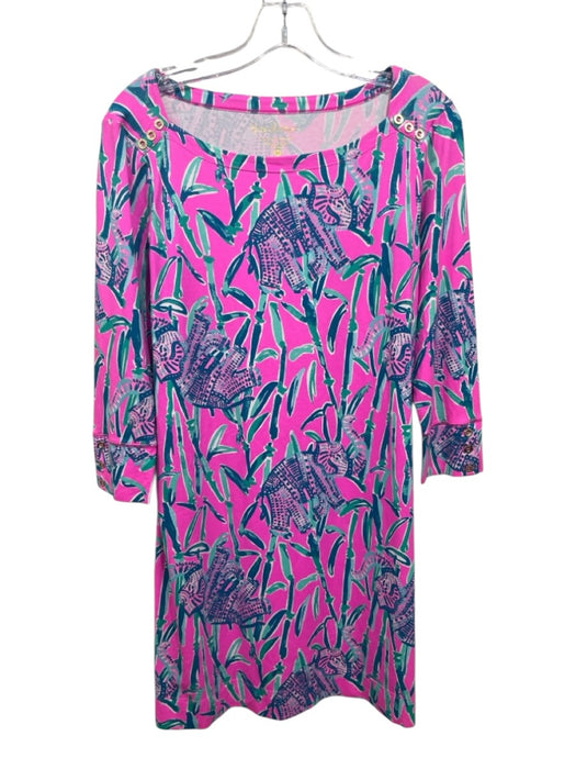 Lilly Pulitzer Size M Pink, Teal & White Rayon Blend Elephant Bamboo Print Dress Pink, Teal & White / M