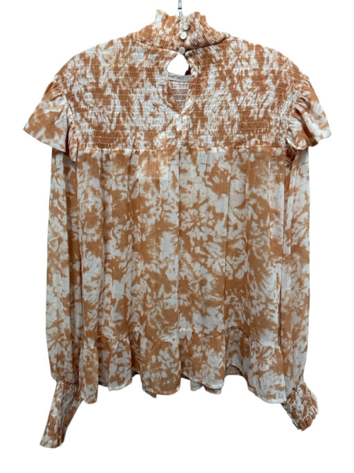 Moodie Size M Tan & White Polyester Long Balloon Sleeve Marbled Shirred Top Tan & White / M