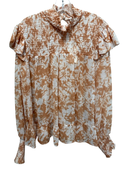 Moodie Size M Tan & White Polyester Long Balloon Sleeve Marbled Shirred Top Tan & White / M