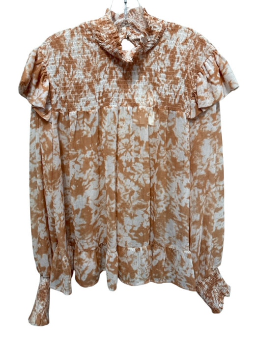 Moodie Size M Tan & White Polyester Long Balloon Sleeve Marbled Shirred Top Tan & White / M