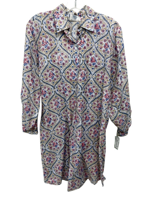Vintage Ibiza Size M White, Blue, Red Cotton Block Print Quarter Button Dress White, Blue, Red / M