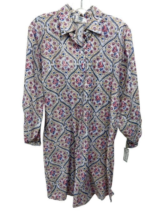 Vintage Ibiza Size M White, Blue, Red Cotton Block Print Quarter Button Dress White, Blue, Red / M