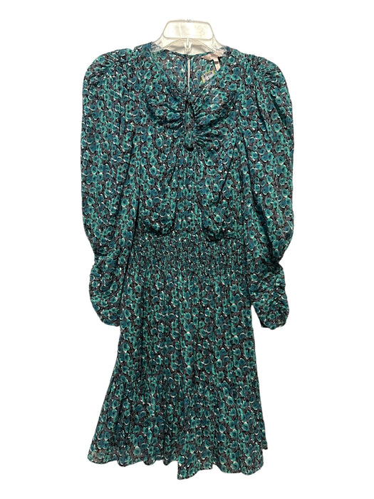 Rebecca Taylor Size S Teal & Black Silk Long Sleeve Floral keyhole front Dress Teal & Black / S