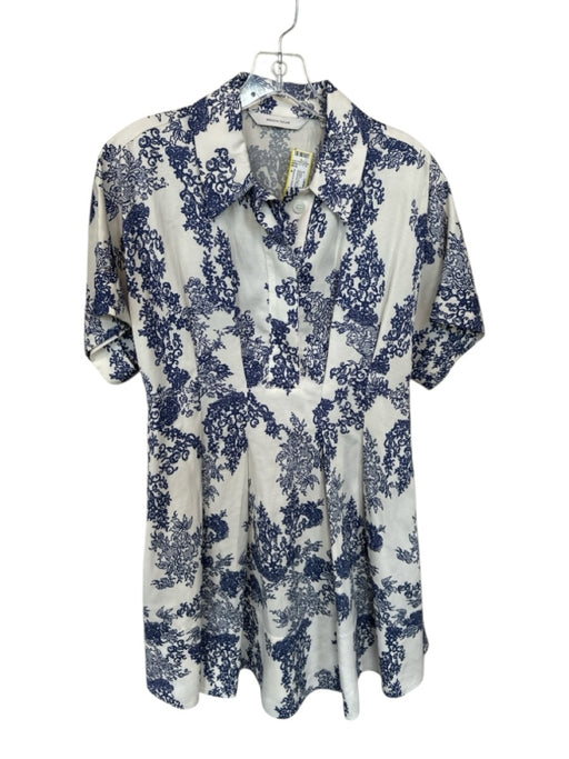 Rebecca Taylor Size 4 White & Blue Viscose Short Sleeve Botanical Collar Dress White & Blue / 4