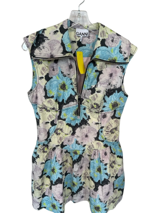 Ganni Size 38 Pink & blue Cotton Sleeveless Flowers Front Zip Collar Dress Pink & blue / 38