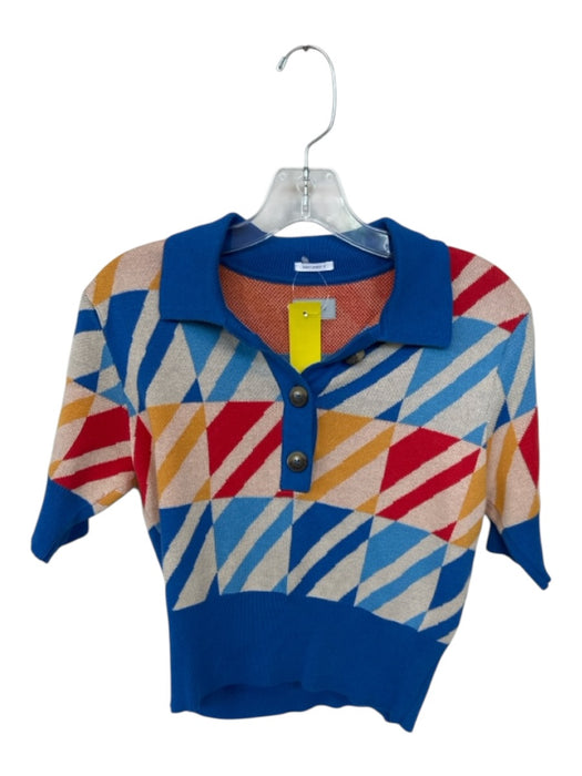 Mother Size S Blue & Orange Cotton Short Sleeve Lines Collar Cropped Top Blue & Orange / S